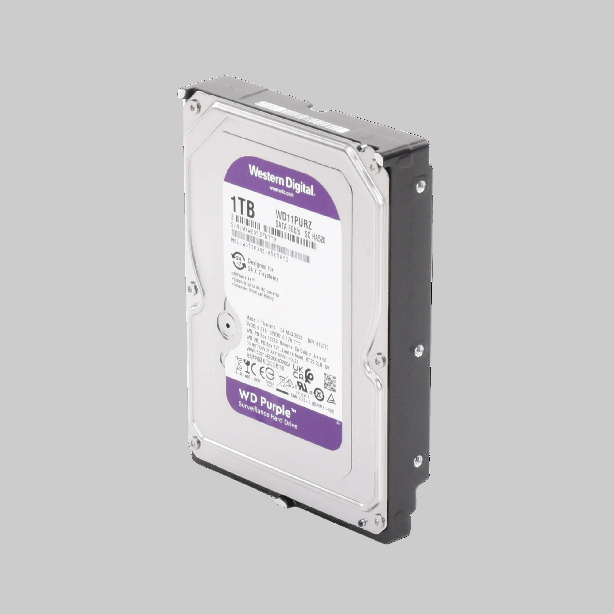 Disco duro WD Purple 1TB para DVR y NVR vista lateral diseño compacto 3.5 pulgadas
