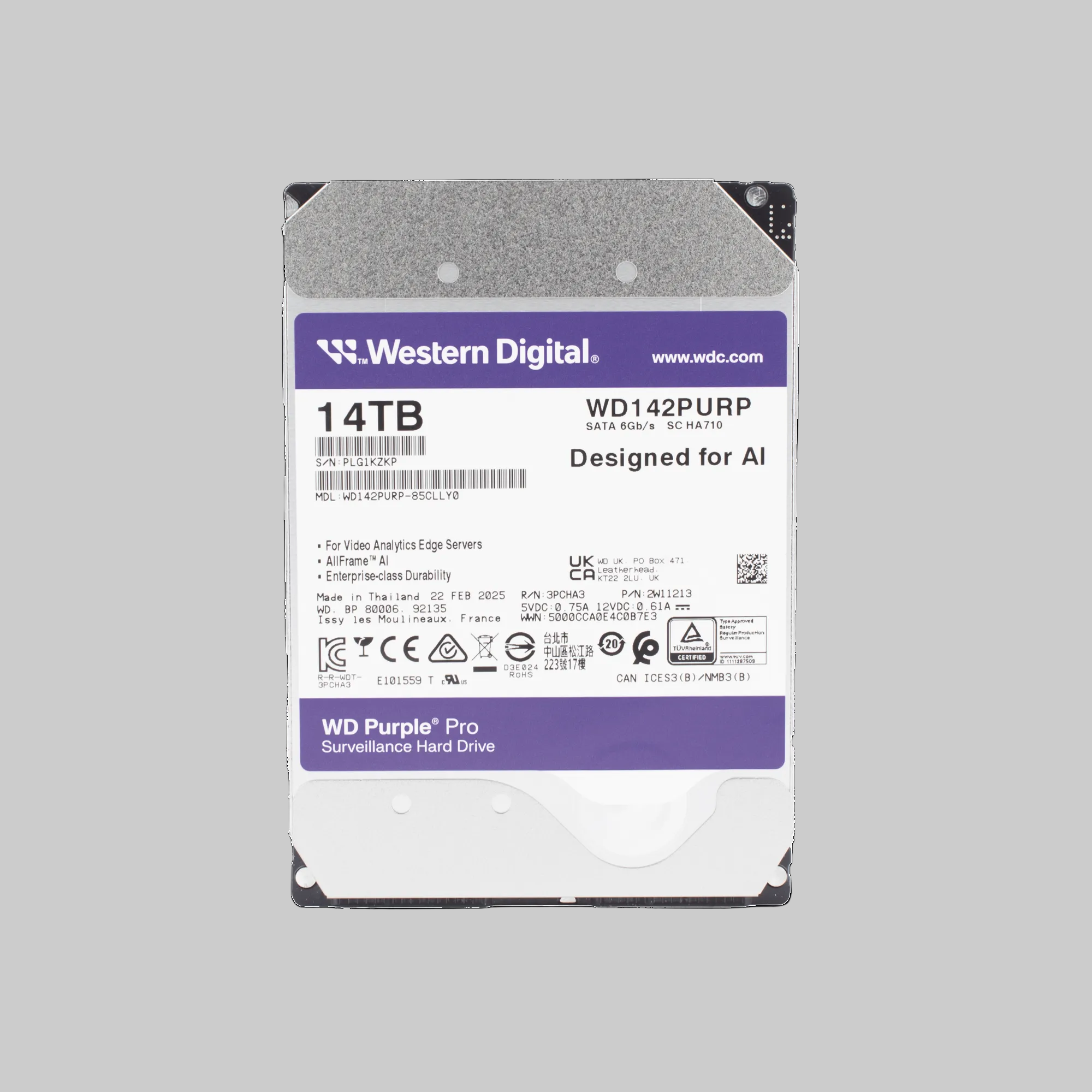 Disco duro CCTV 14TB WD Purple Pro con etiqueta técnica visible diseñado para almacenamiento continuo 24/7