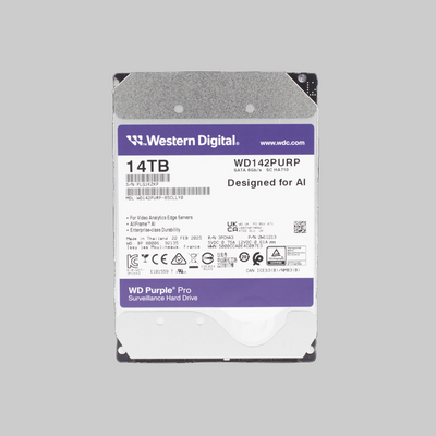 Disco duro CCTV 14TB WD Purple Pro con etiqueta técnica visible diseñado para almacenamiento continuo 24/7