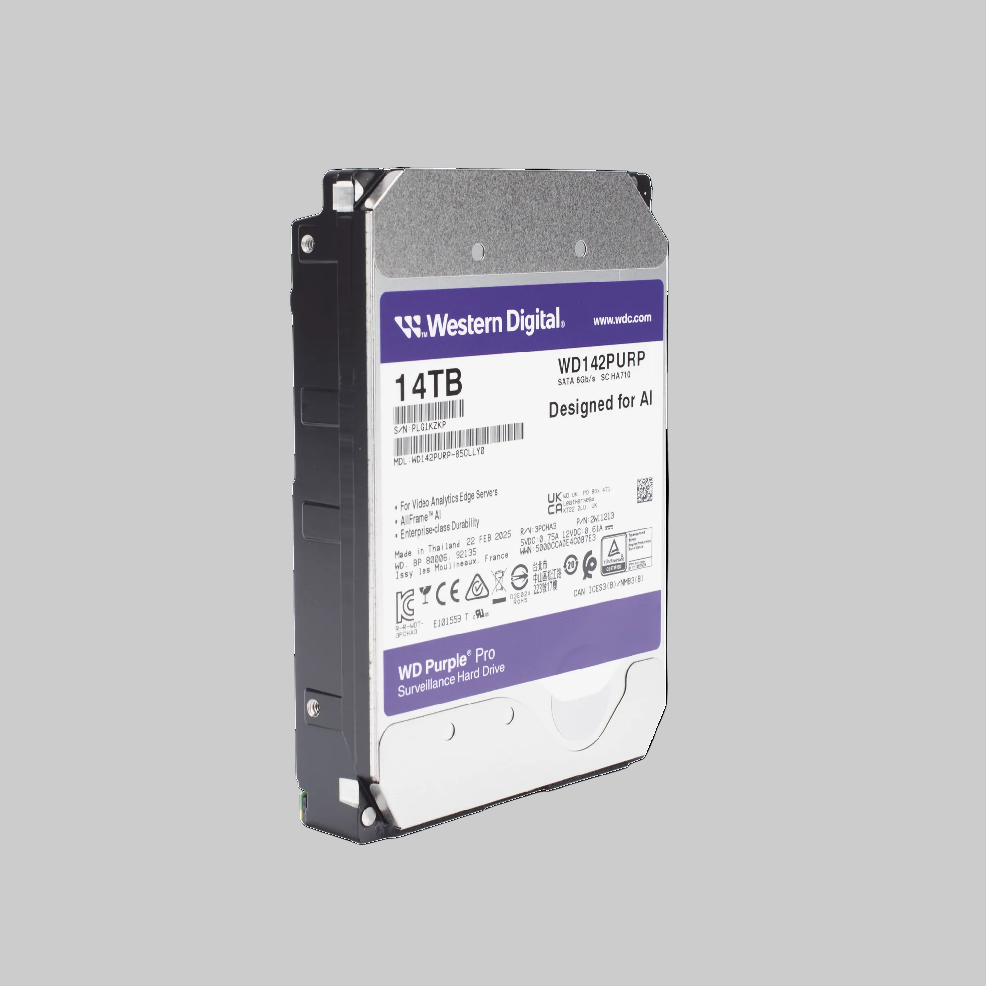 Disco duro 14TB WD Purple Pro en perspectiva lateral con diseño robusto para videovigilancia profesional