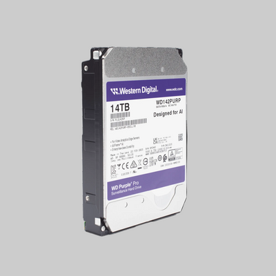 Disco duro 14TB WD Purple Pro en perspectiva lateral con diseño robusto para videovigilancia profesional