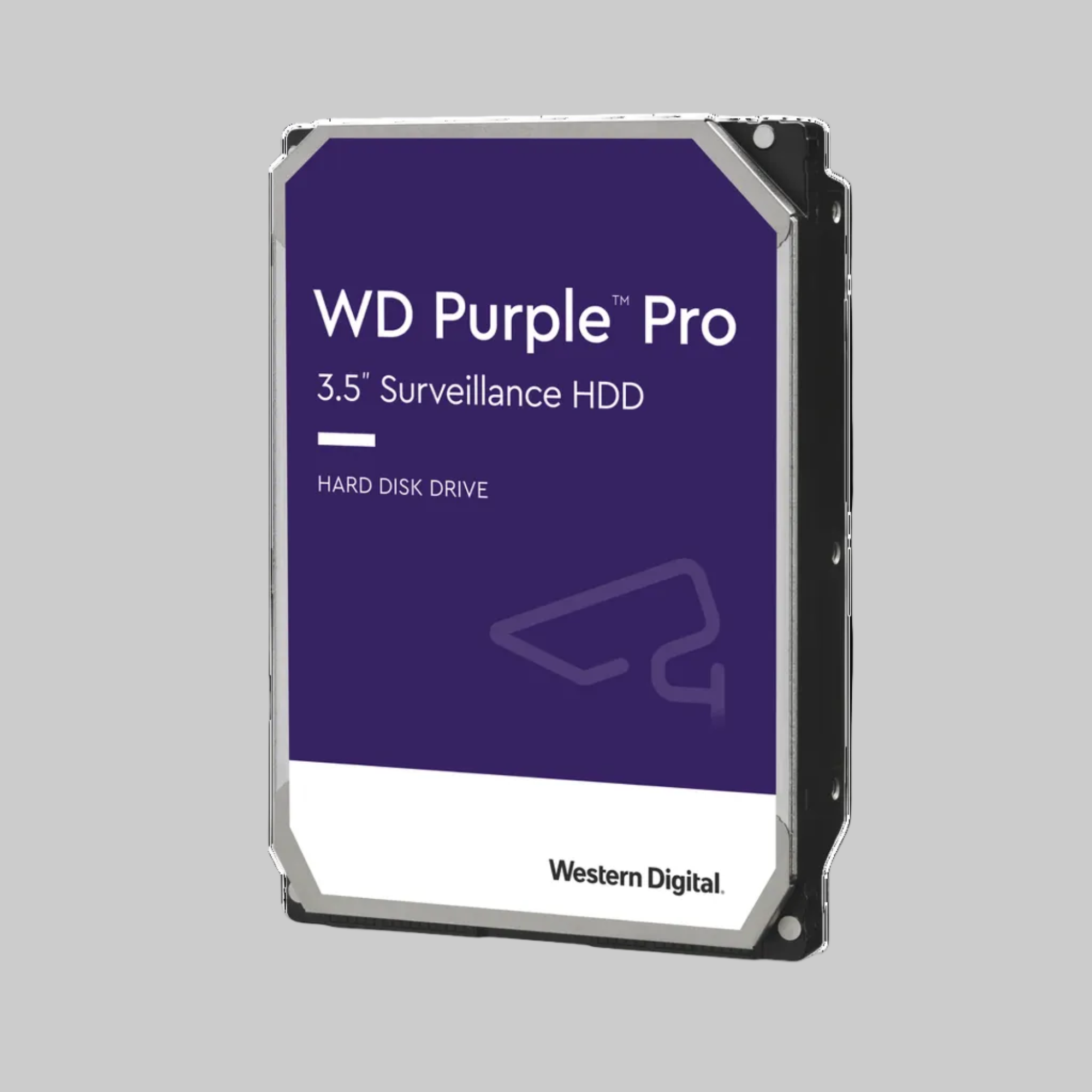 Disco duro WD Purple Pro 18TB en ángulo con etiqueta morada para videovigilancia CCTV 24/7 y sistemas NVR