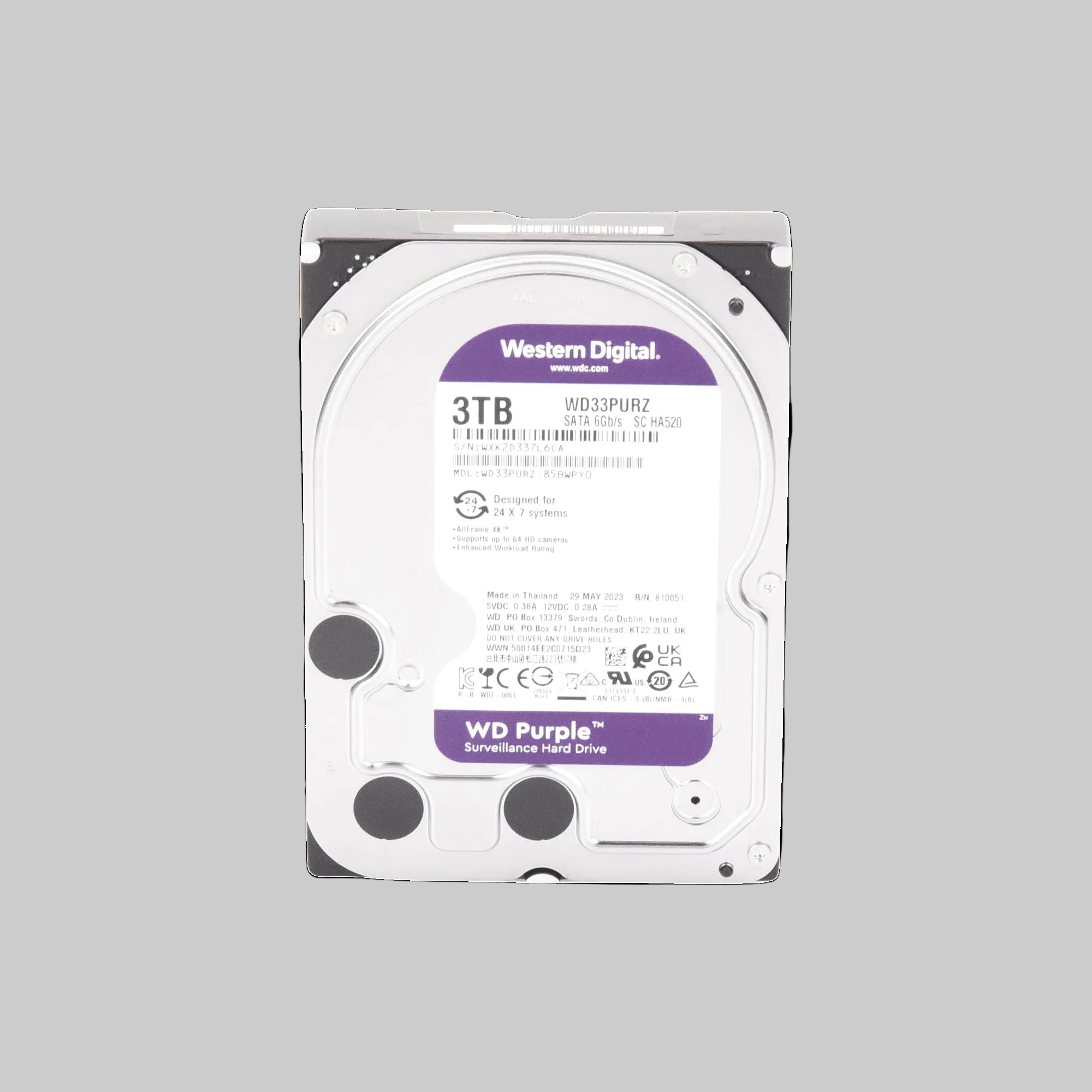 Disco duro WD Purple 3TB para DVR y NVR vista trasera con puertos SATA alimentación y datos