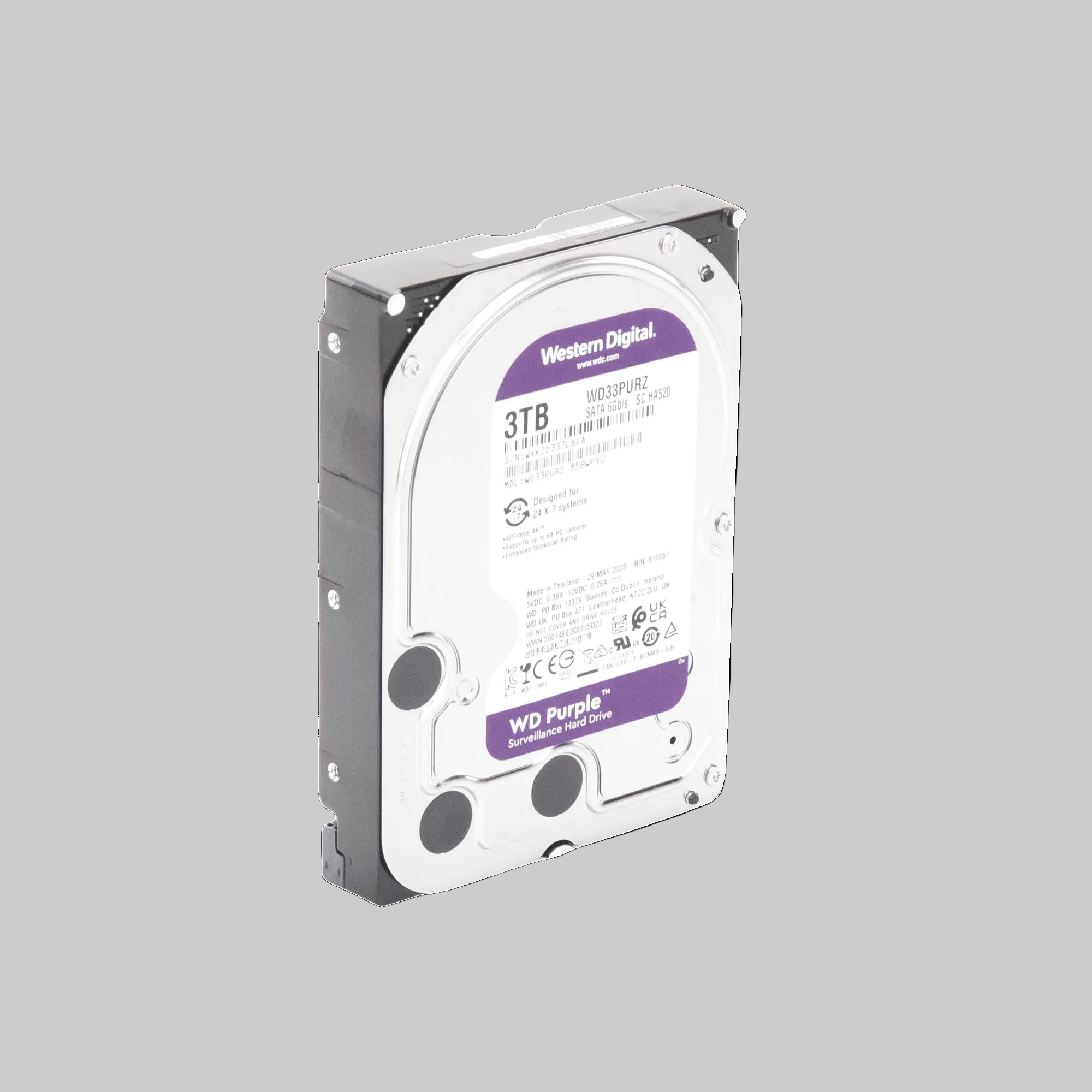 Disco duro WD Purple 3TB diseño lateral compacto para videovigilancia continua 24/7 formato 3.5 pulgadas