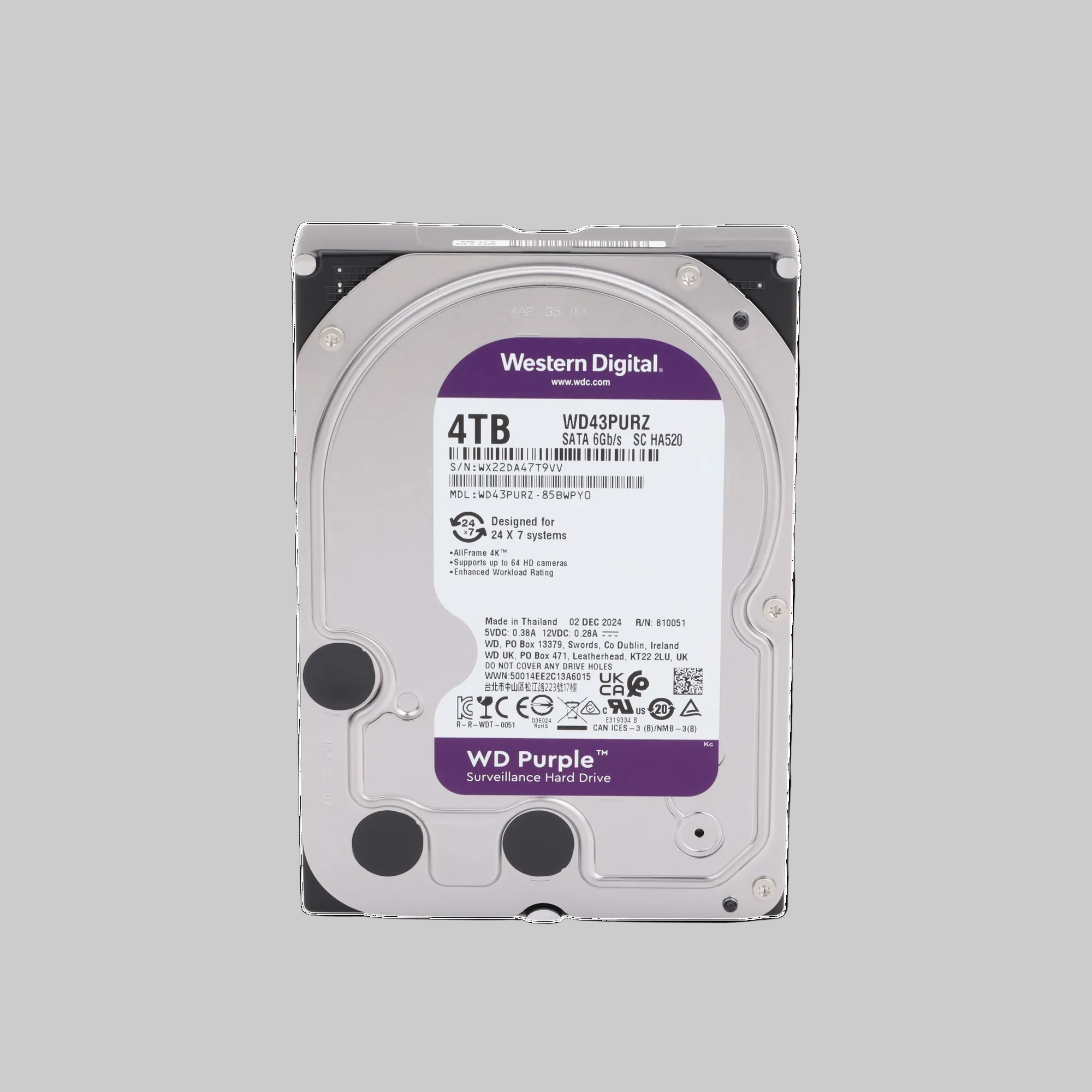 Disco duro WD Purple 4TB vista trasera con puertos SATA de datos y alimentación compatible con DVR y NVR