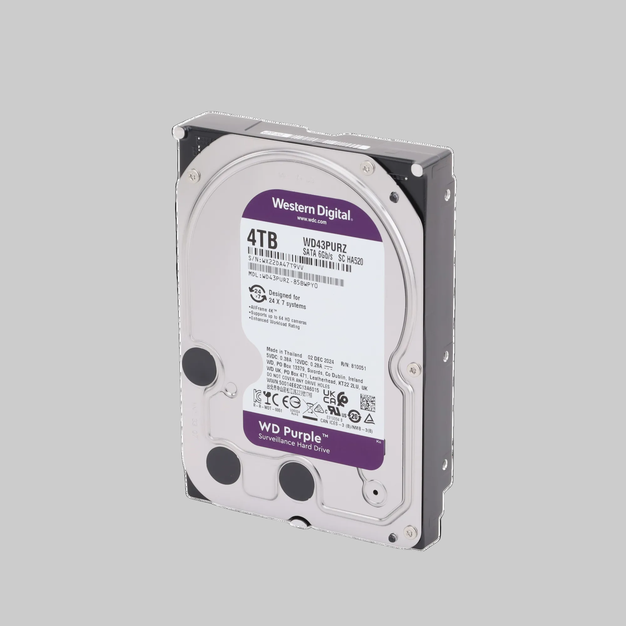 Disco duro WD Purple 4TB diseño lateral compacto formato 3.5 pulgadas para videovigilancia continua 24/7