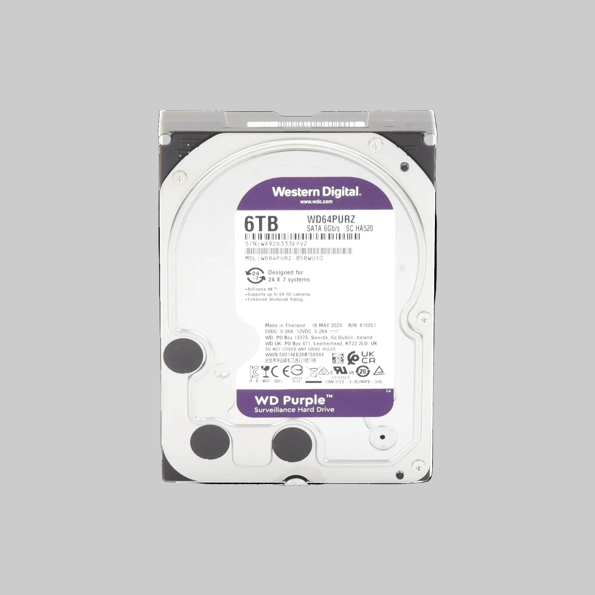 Disco duro WD Purple 6TB vista trasera con puertos SATA de datos y energía compatible con DVR y NVR