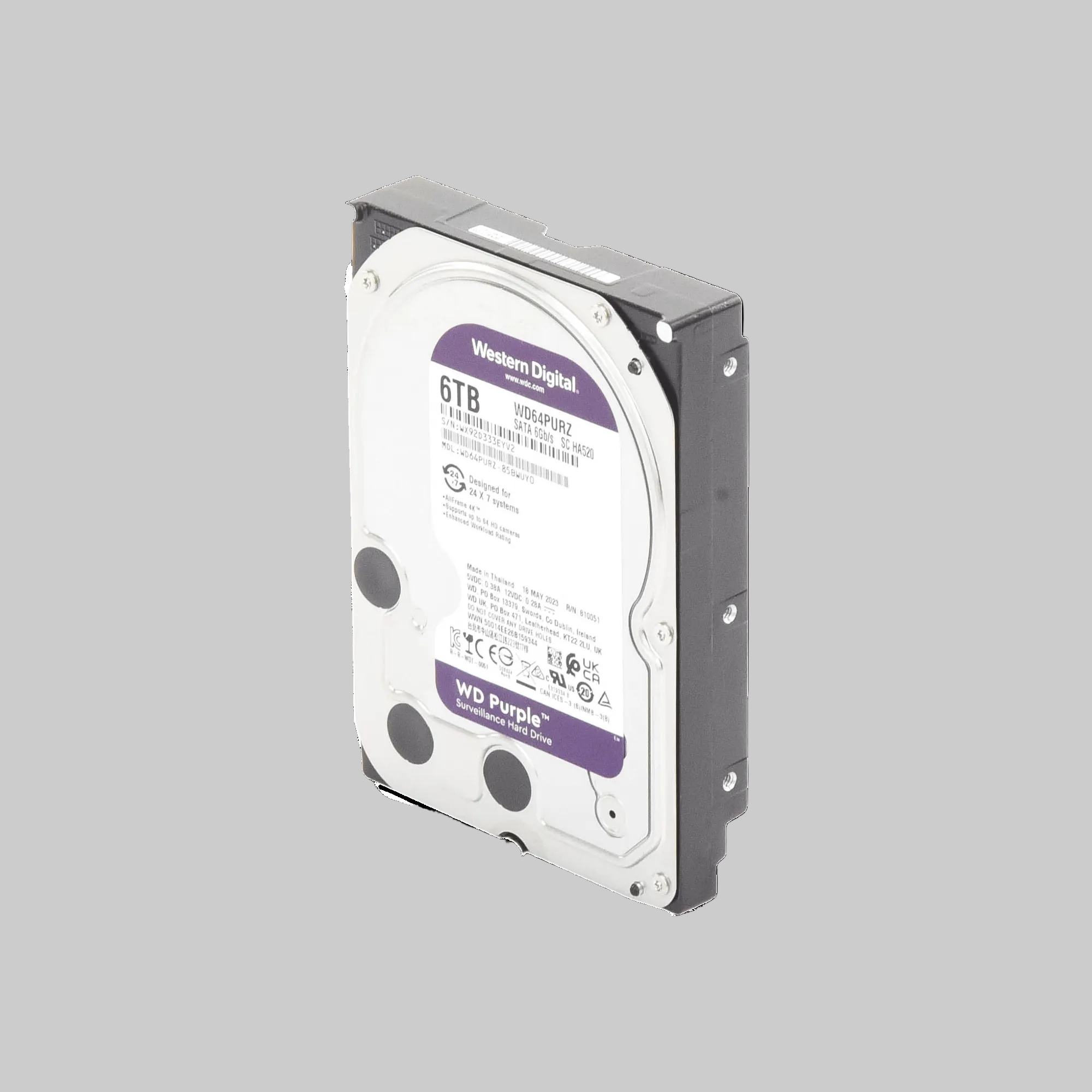 Disco duro WD Purple 6TB diseño lateral compacto formato 3.5 pulgadas para videovigilancia continua 24/7