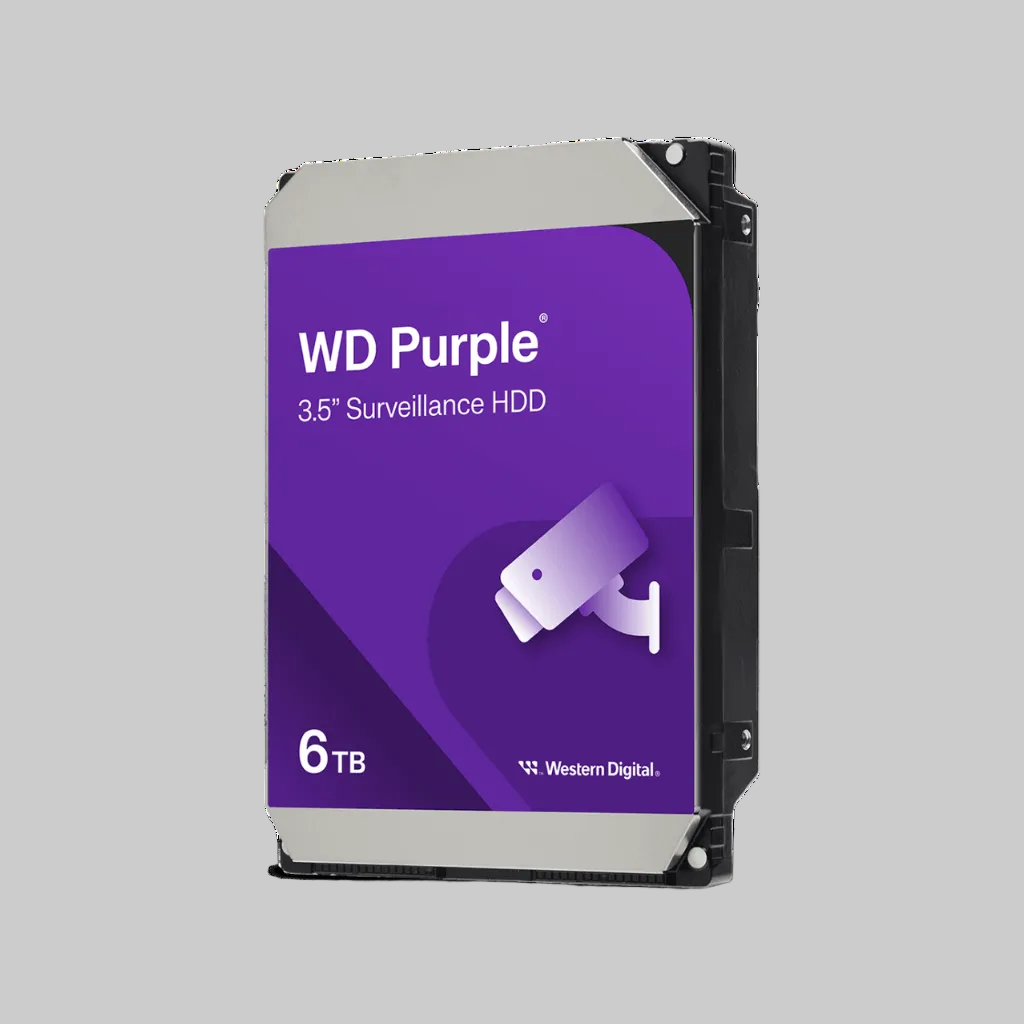 Disco duro WD Purple 6TB 3.5 pulgadas para cámaras de seguridad CCTV vista frontal alta capacidad