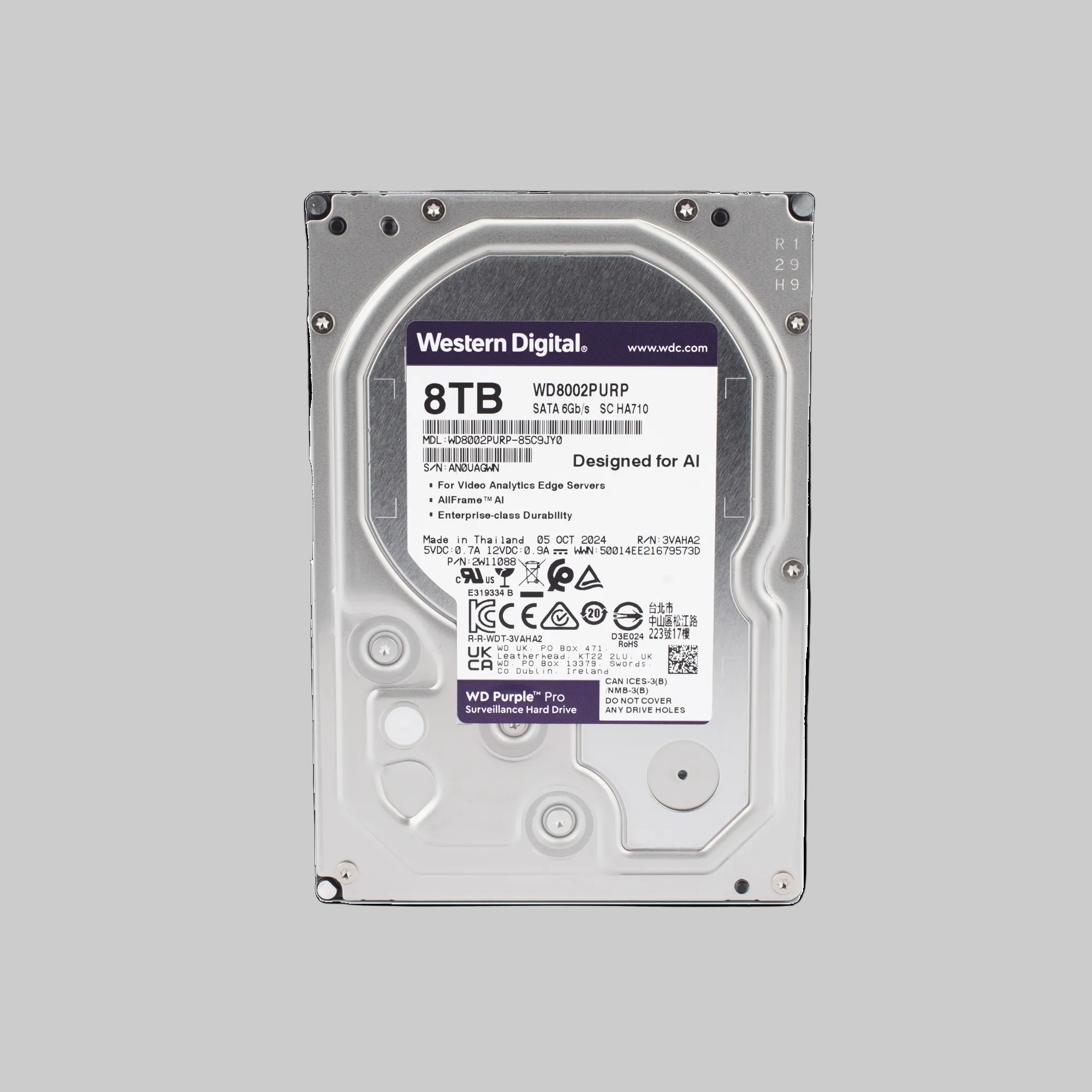 Disco duro WD Purple 8TB vista trasera con etiqueta y especificaciones para sistemas de videovigilancia profesional