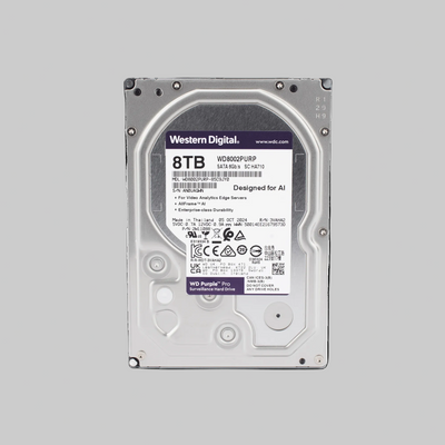Disco duro WD Purple 8TB vista trasera con etiqueta y especificaciones para sistemas de videovigilancia profesional