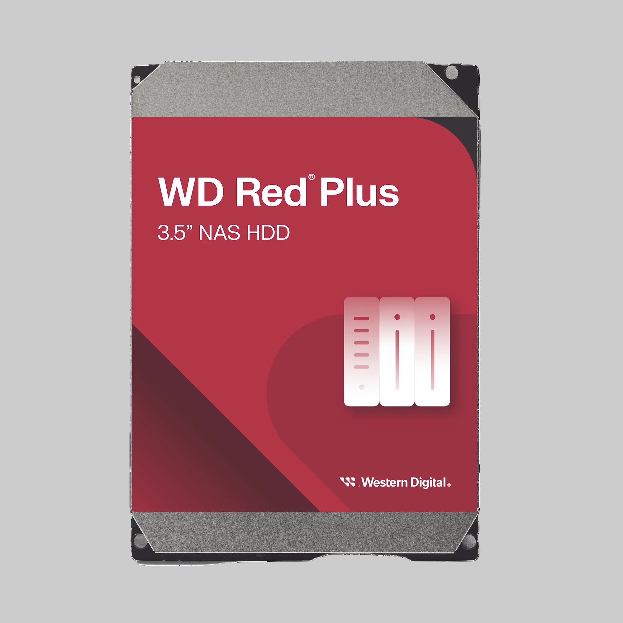 Disco duro WD Red Plus 8TB 3.5 pulgadas Western Digital para NAS almacenamiento en red 24/7 vista frontal etiqueta roja