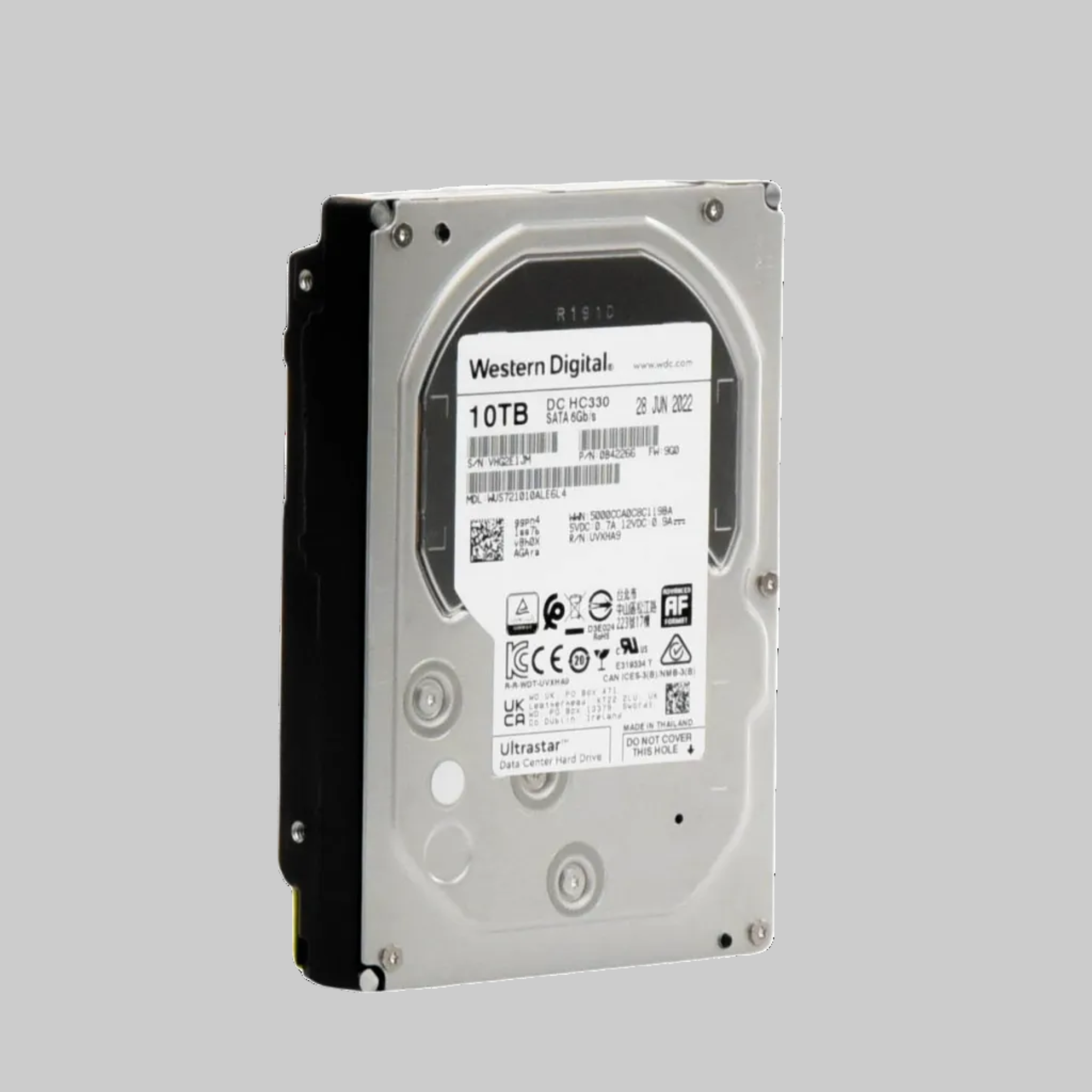 Disco duro WD Ultrastar 10TB vista trasera con especificaciones técnicas para operación continua en entornos de data center