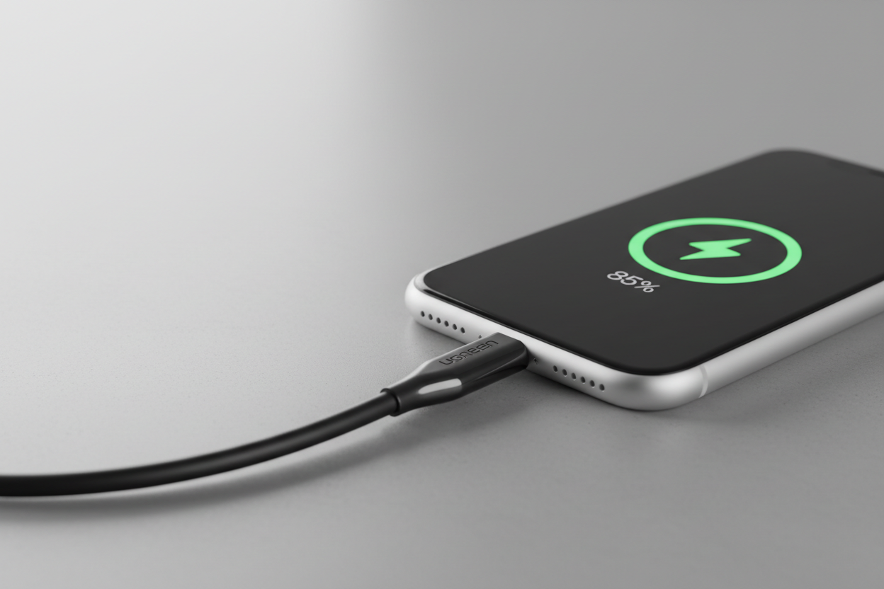 Cable USB-C a Lightning Ugreen cargando iPhone con carga rápida 60W