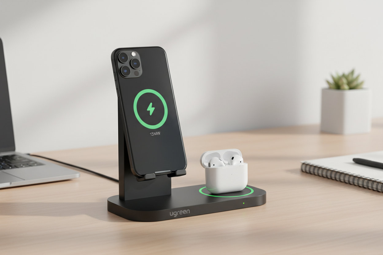 Cargador Inalámbrico Magnético 15W Carga Rápida marca ugreen diseñado para iPhone 15 /15 Plus/15 Pro /15 Pro Max iPhone 14/14 Pro/14 Pro Max/13/13 Pro/13 Pro Max/13 Mini/12/12 Pro/12 Pro Max/12 Mini y AirPods Carga rápida de 5W para AirPods 2/AirPods Pro. En uso