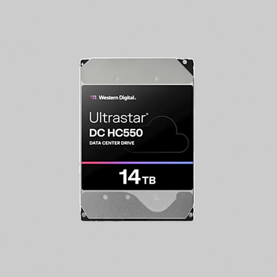 disco duro WD Ultrastar 14TB DC HC550 vista frontal con etiqueta negra diseñado para almacenamiento empresarial 24/7