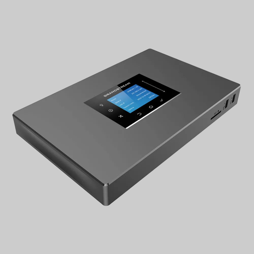 Conmutador IP Grandstream UCM6302 con pantalla LCD, ranura SD y dos puertos USB en el lateral