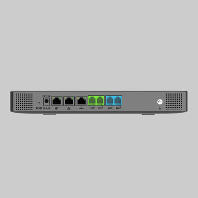 Panel trasero del Grandstream UCM6302: 3 puertos de red RJ45, 2 puertos FXS, 2 puertos FXO y entrada de 12 V