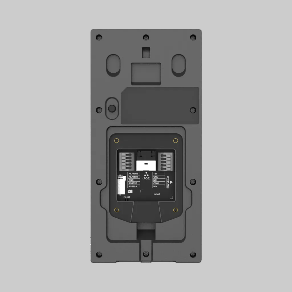 Parte trasera del videoportero GDS3727 con puertos Ethernet y conexiones para instalación de red y PoE