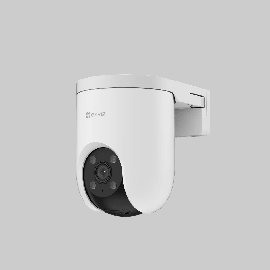 camara ezviz exterior wifi blanca con lente frontal negro montada en soporte lateral para vigilancia residencial